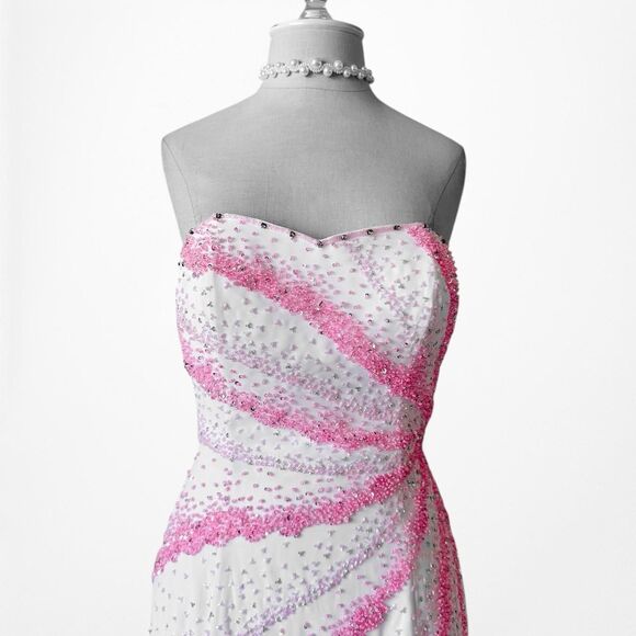 Vintage White Pink Beaded Strapless Bodycon Maxi Prom Dress Size S/M - Picture 4 of 8